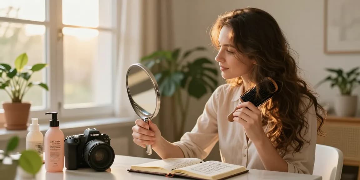 Woman exploring solutions for frauen haarausfall in a cozy home setting.