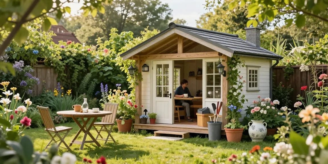 Schönes Garten Haus in blühendem Garten mit gemütlicher Sitzgruppe und Gartengeräten, strahlender Sonnenschein.