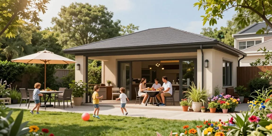 Freistehende Terrassenüberdachung in einem einladenden Garten mit Familie beim Grillen.