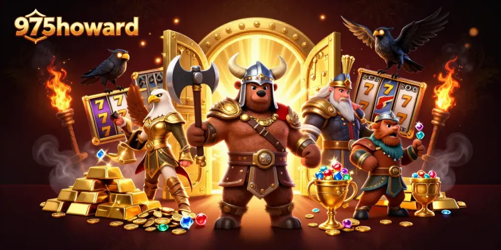Engage with thrilling gaming action at 975howard featuring a Viking bear and golden slot elements.