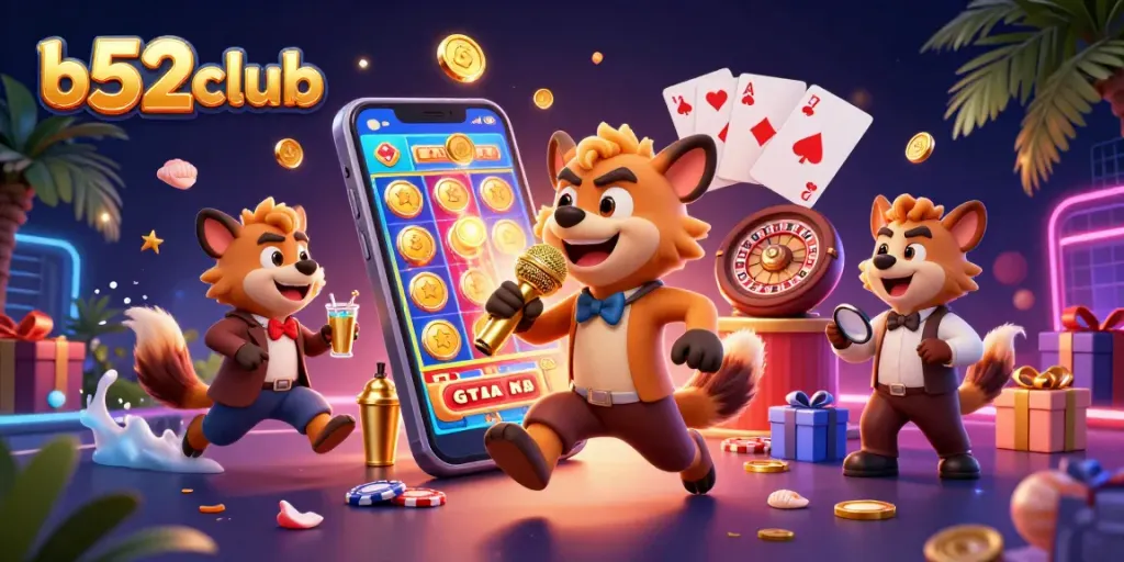 Engage with the vibrant b52club casino scene featuring hyenas and interactive gaming elements.