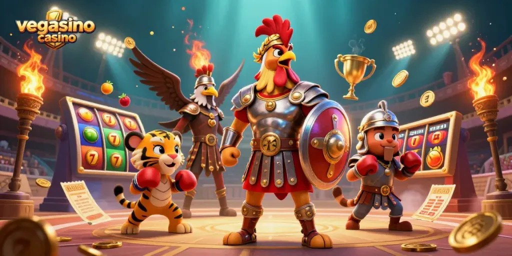Engage in thrilling gameplay at vegasino casino with rotating slot reels and dynamic characters.