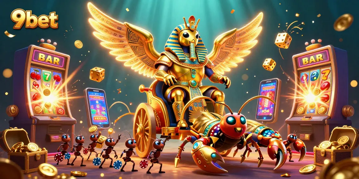 Engage with 9bet's thrilling casino experience featuring a golden scarab beetle and dynamic gaming elements.