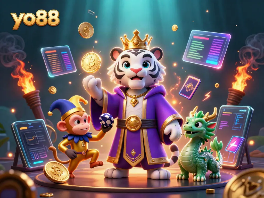 Experience thrilling gaming with yo88 featuring a majestic white tiger, juggling monkey, and jade dragon in a vibrant casino scene.