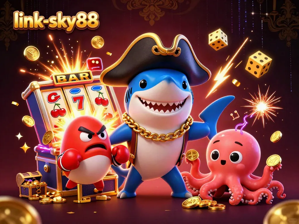 Join the excitement at link-sky88 with lively casino action featuring a pirate shark and friends!