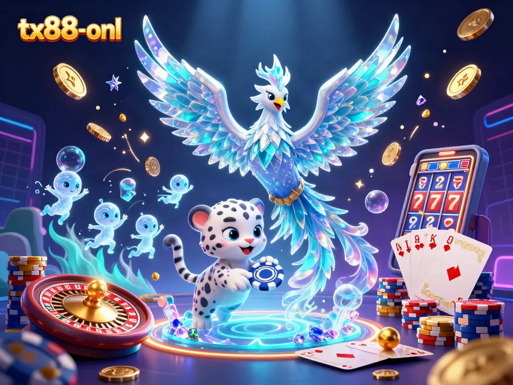 Experience exciting wins at tx88-onl with captivating 3D casino illustration featuring vibrant characters and games.