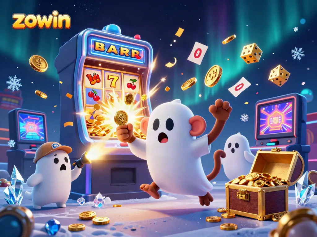 In Zowin's virtual casino, a ghost-hunter puppy tracks a mischievous monkey juggling coins amidst a jackpot explosion.