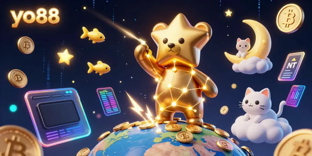 Engage with the vibrant world of yo88, showcasing a constellation bear and crypto elements in an exciting casino environment.