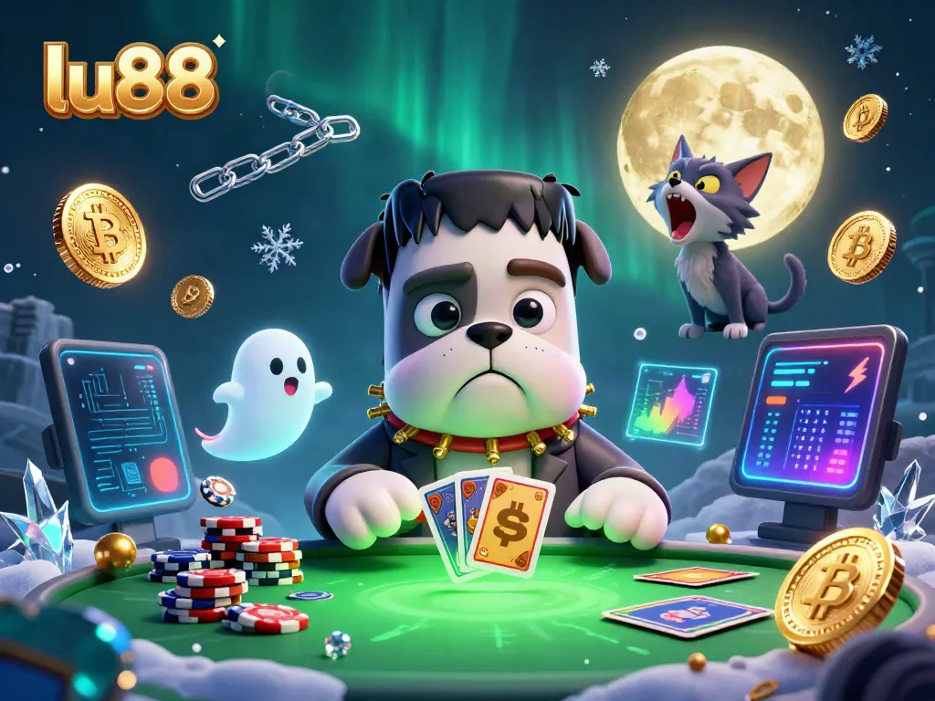 Experience thrilling gambling at lu88 with a cartoon bulldog dealer, spooky ambiance, and vibrant crypto elements.