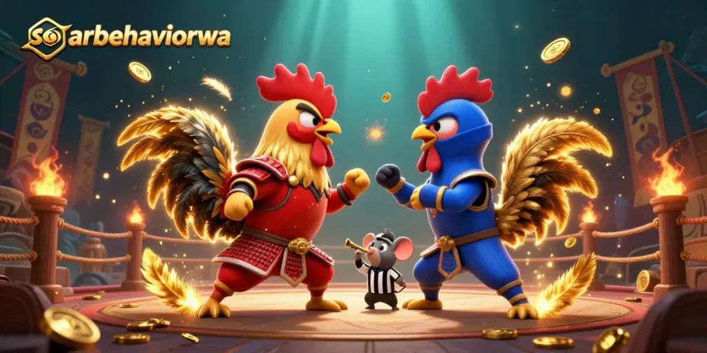 Experience thrilling standoffs at soarbehaviorwa with dynamic cartoon roosters battling in a vibrant arena.