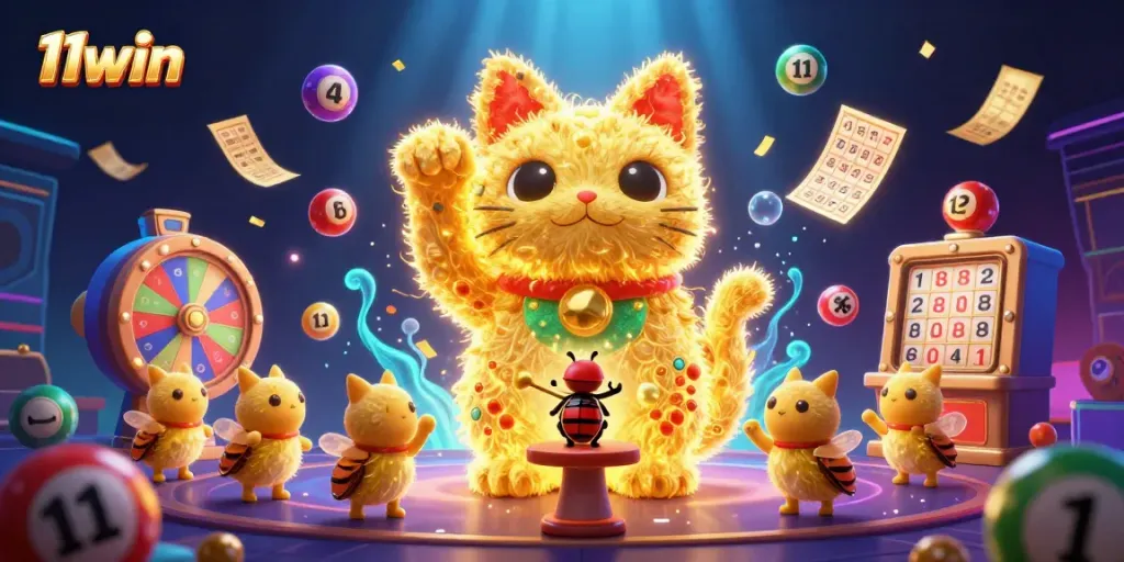 Experience 11win's exciting casino atmosphere with a dynamic lucky cat and vibrant lottery elements.