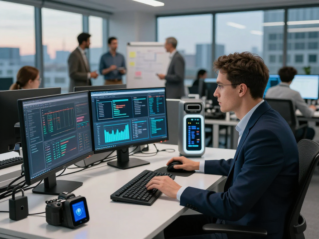 Daten- und IT-Sicherheitsdienstleistungen in einer modernen IT-Büroumgebung mit einem Sicherheitsexperten, der Sicherheitsprotokolle analysiert.