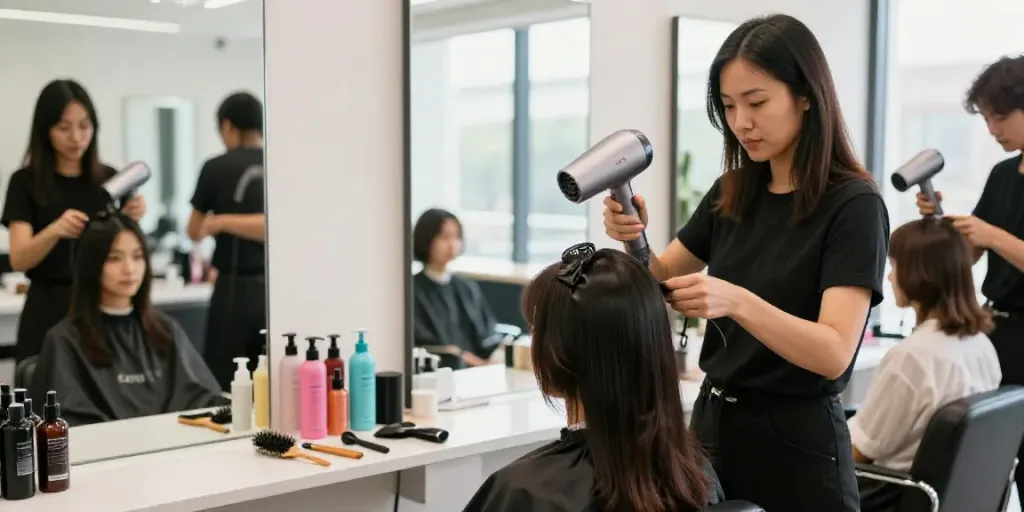 Laifen Föhn im Einsatz in einem modernen Friseursalon mit kreativen Haarstylings.