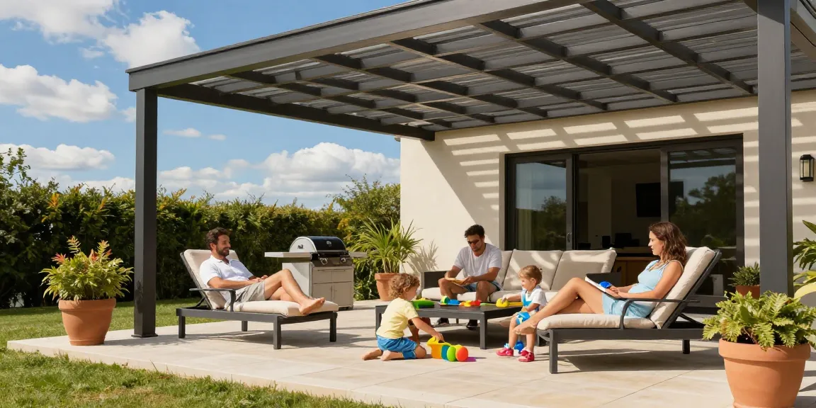 Familie genießt den sonnigen Tag unter einer Terrassenüberdachung, stilvolle Möbel und Pflanzen im Hintergrund.