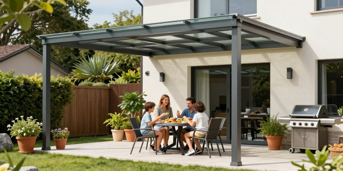 Moderne Terrassenüberdachung in einem Garten mit Familie, die das Essen genießt.