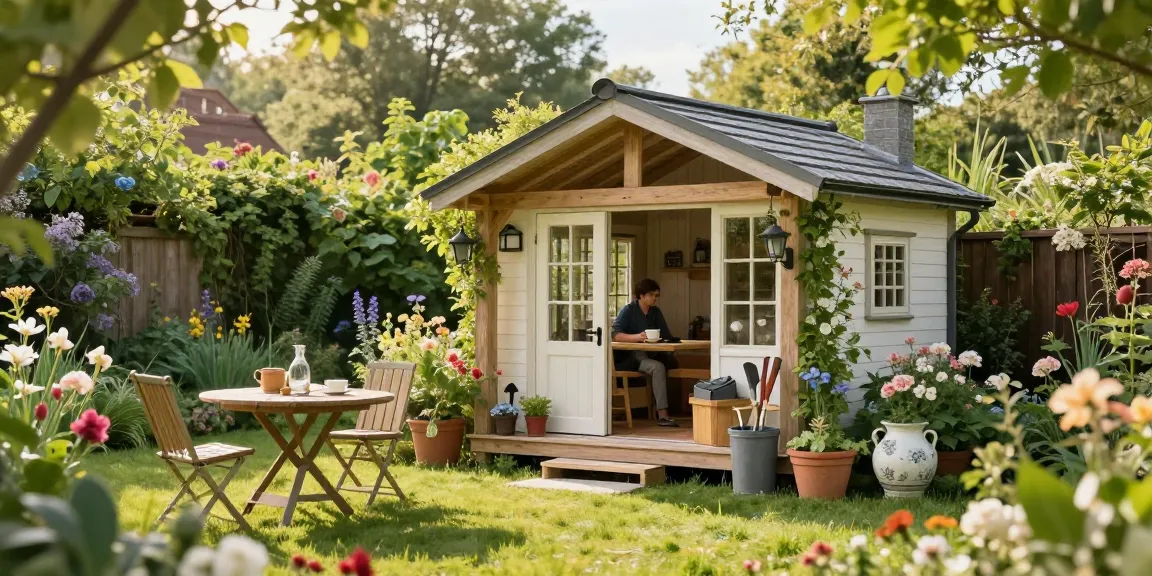 Schönes Garten Haus in blühendem Garten mit gemütlicher Sitzgruppe und Gartengeräten, strahlender Sonnenschein.