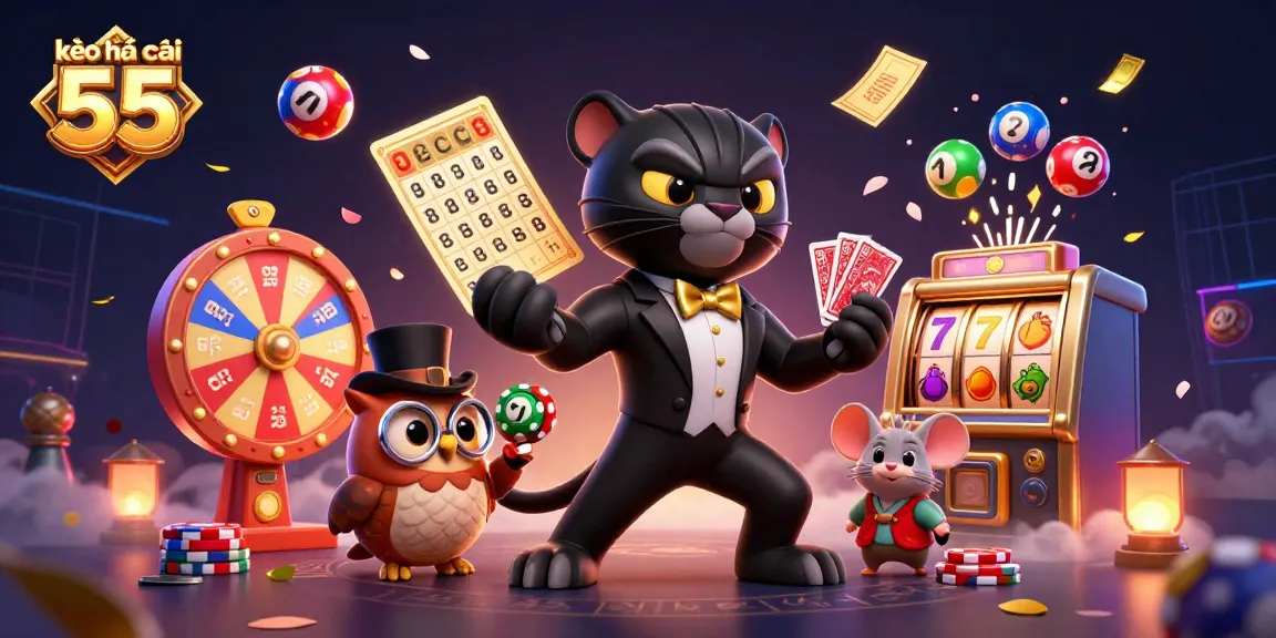 Engaging scene showcasing kèo nhà cái 55 with a tuxedo panther dealing cards, vibrant gaming elements.