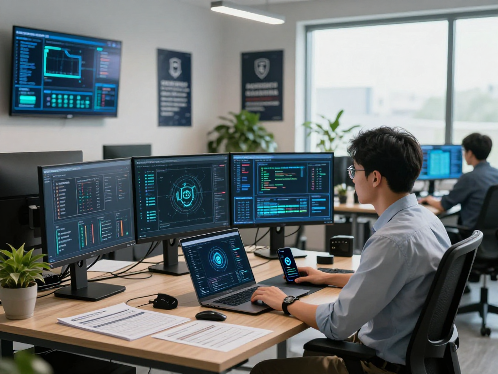 Daten- und IT-Sicherheit Dienstleistung in a modern office showcasing cybersecurity expert analyzing threats and compliance with advanced technologies.