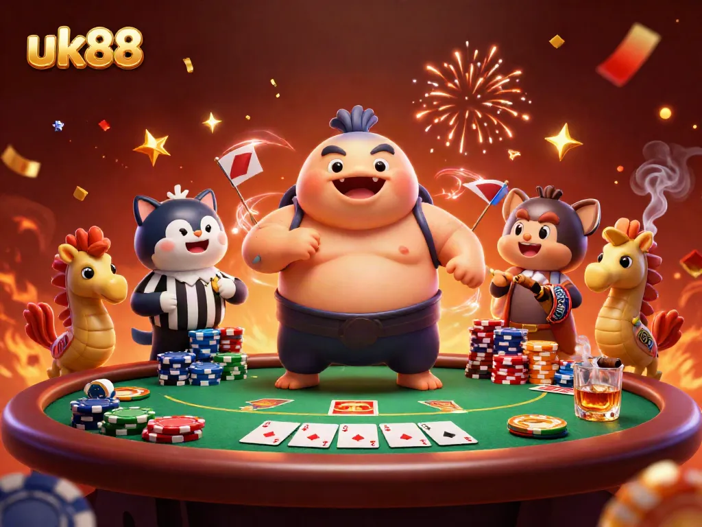 Experience dynamic gaming at uk88 with vibrant underwater poker action featuring a fugu, catfish, and seahorse.