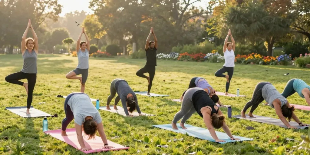 Group practicing yoga outdoors, embodying the rokok88 healthy lifestyle.