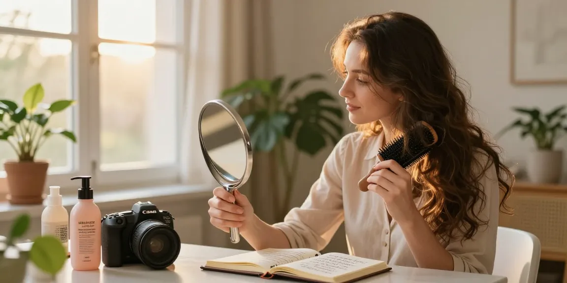 Woman exploring solutions for frauen haarausfall in a cozy home setting.