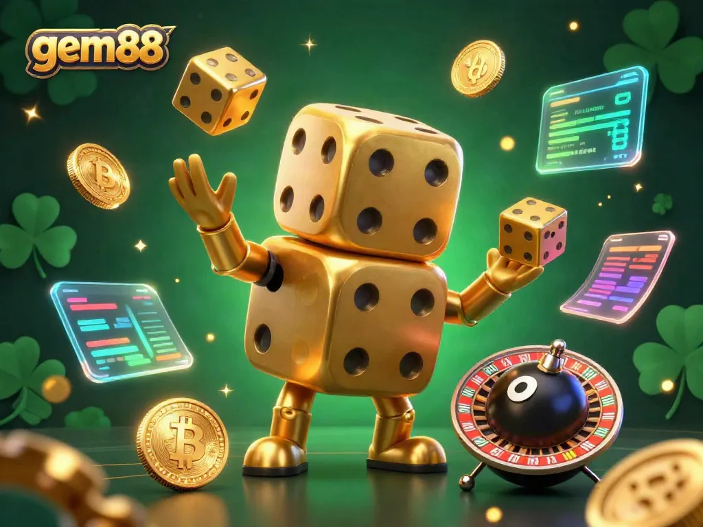 Experience thrilling gameplay with gem88, featuring a golden dice golem and dynamic crypto elements in a vibrant scene.