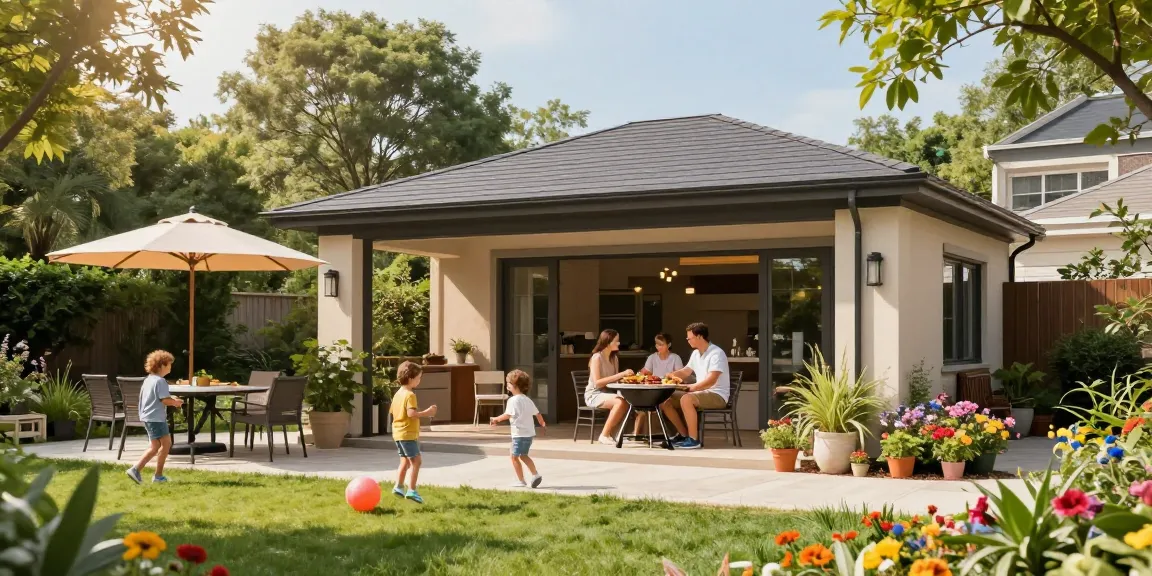 Freistehende Terrassenüberdachung in einem einladenden Garten mit Familie beim Grillen.