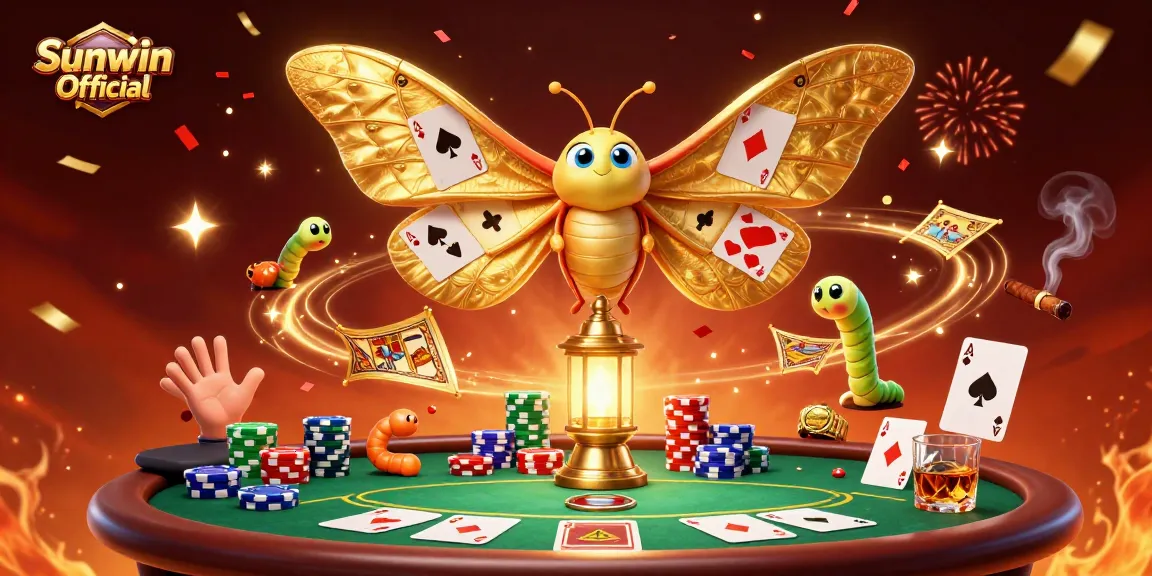Engage with Sunwin Official's vibrant casino scene showcasing a majestic moth and golden lantern amidst poker excitement.