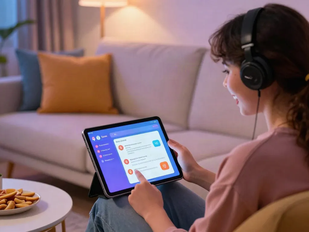 Engaging in horny AI chat on a tablet in a cozy living room setting.