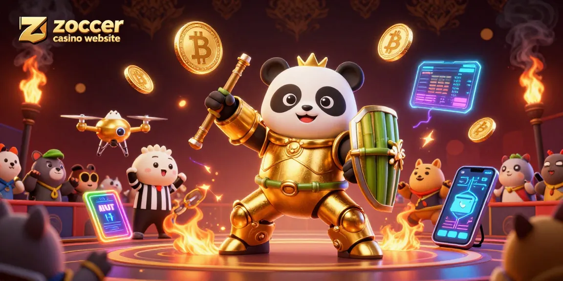Engage with the zoccer casino website through an exciting 3D illustration featuring a golden panda in a mech robot.