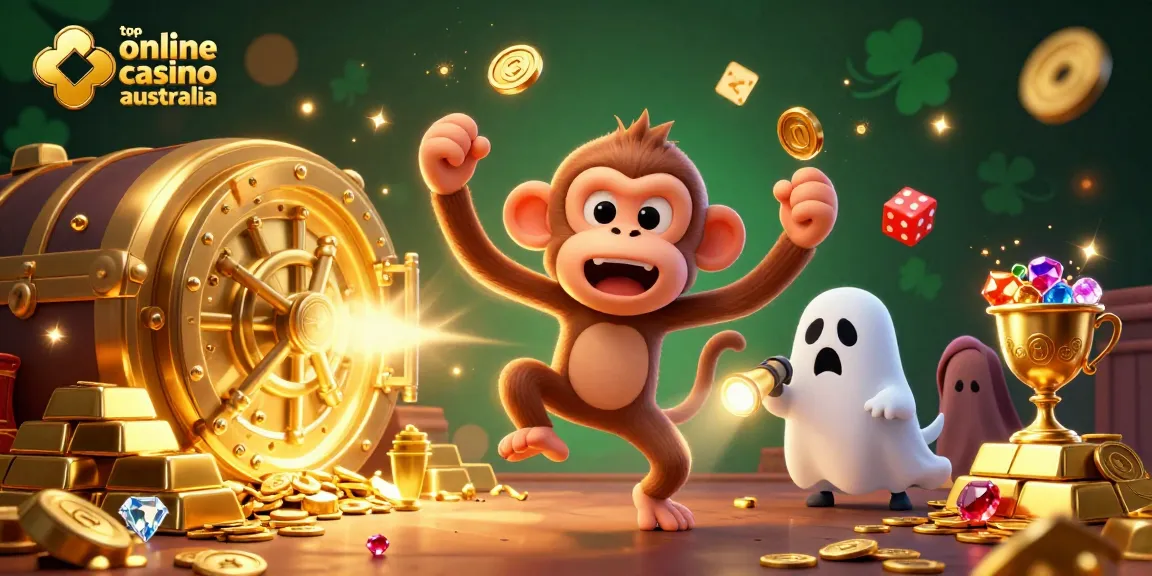 Experience the thrill of top online casino australia with a playful ghost-hunting puppy and a juggling poltergeist monkey in a vibrant casino.